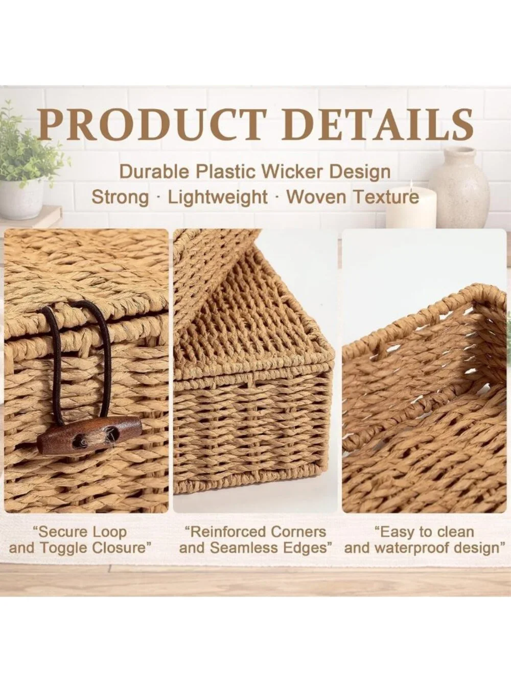 Set of 4 Woven Wicker Storage Baskets with Lids - Decorative Rattan Organizers